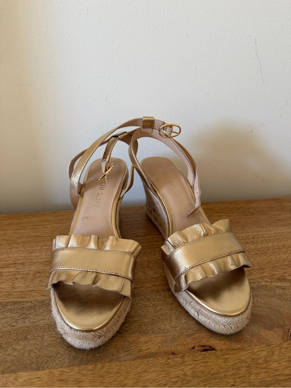 Jack Rogers Rozette Metallic Gold Wedge Sandals with Ruffle Strap 8